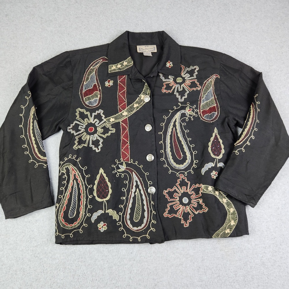 New Direction‎ Jacket Womens S Black Silk Paisley Embroidered Boho Button Front